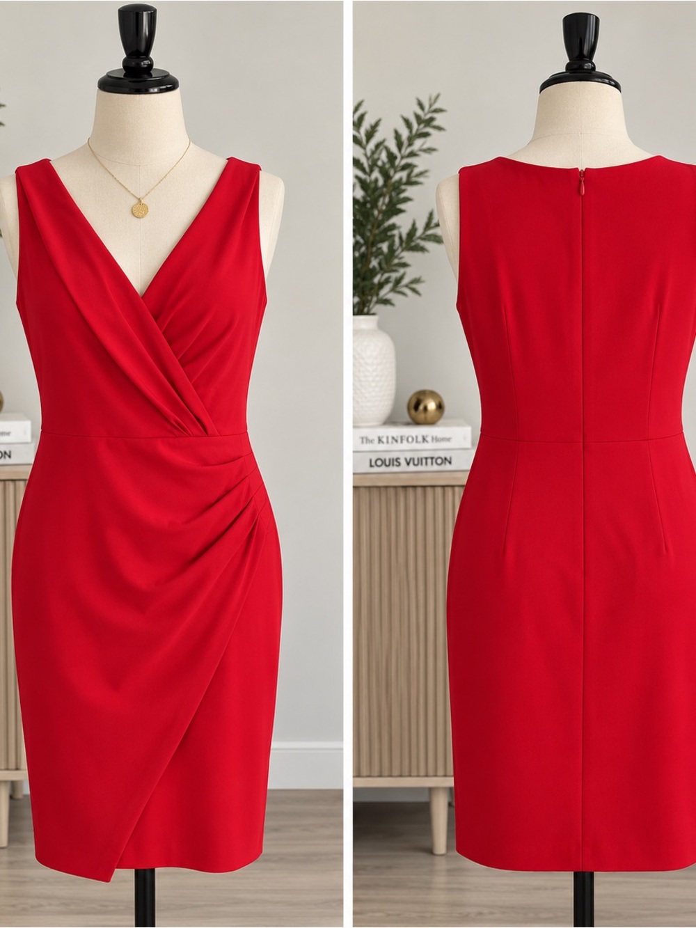 London Times Red Wrap Style Ruched Sheath Dress Size 8